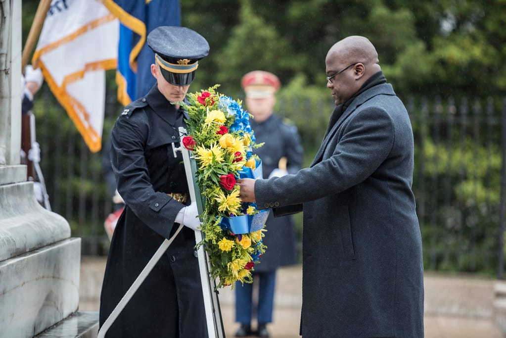 Félix Tshisekedi, President of the Democratic Republic of the Congo, lays a wreath at an official ceremony